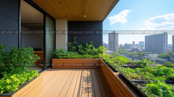 Urban balcony garden providing greenery and city views on a sunny day in a high-rise apartment. Городской балконный сад с зеленью и видом на город в солнечный день в квартире многоэтажного дома. Стоковое AI-изображение, AI-художник Katsiaryna Repich / Фотобанк Лори