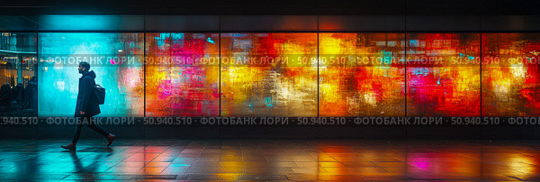 Urban commute: Man walking past vibrant abstract light panels in an underpass. Стоковое AI-изображение, AI-художник Данила Большаков / Фотобанк Лори