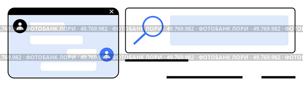 User interface with a chat window displaying user icons and a search bar with a magnifying glass icon. Ideal for web design, communication apps, user interface design, search functionality, GUI. Simple Web Interface with Search and Chat Elements. Стоковая иллюстрация, агентство Ingram Publishing / Фотобанк Лори