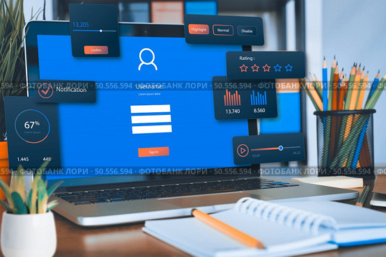 UX UI design process for modish mobile application and website . Creative prototype of wireframe for professional app developer . Стоковое фото, агентство Ingram Publishing / Фотобанк Лори