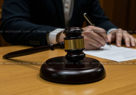 В зале суда судьба решается, когда судья выносит приговор с помощью церемониального молотка правосудия. Стоковое AI-изображение, AI-художник Сергей Никифоров-Гордеев / Фотобанк Лори
