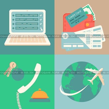 Vacation reservation and booking icons set with hands for vacation trip payment and ticket purchase vector illustration. Стоковая иллюстрация, агентство Ingram Publishing / Фотобанк Лори