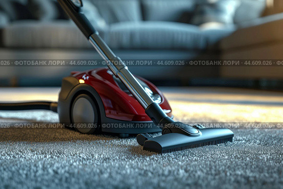 Vacuum cleaner on carpeted floor. Стоковое AI-изображение, AI-художник Иван Рябоконь / Фотобанк Лори