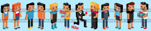 Valentine day concept. Pixel set of sweet couple on honeymoon vacation summer holidays romance. Love isometric concept. Happy Valentines Day 14 februare. Love, honesty, romantic, relationship. Red pixel heart flower with sweet couple. Love isometric concept. Valentines day. Стоковая иллюстрация, агентство Ingram Publishing / Фотобанк Лори