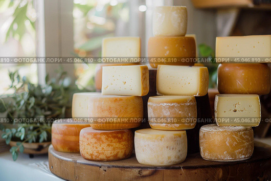 Variety of gourmet cheeses stacked on a wooden board in a rustic kitchen setting. Стоковое AI-изображение, AI-художник Иван Рябоконь / Фотобанк Лори