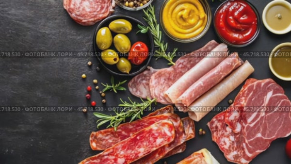 Variety of sausage products. Meat products, Pork, Ham, bacon. Various kinds of sausages on a rustic wooden table among a black wall. Smoked meats on a wood cutting board showcasing deli promotions. Стоковое AI-видео, аниматор Марина Демидюк / Фотобанк Лори