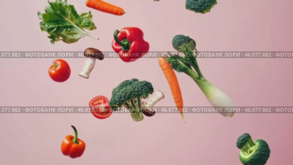 Various colorful vegetables falling at pale pink background. Flying veggie on a plain pastel color backdrop. Healthy food. Detox and dieting concept. Fresh carrot, pepper, broccoli, tomato levitating. Стоковое AI-видео, аниматор Марина Демидюк / Фотобанк Лори