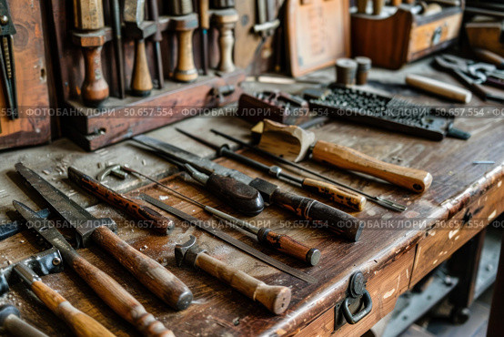 Various hand tools lying on wooden workbench in workshop. Стоковое AI-изображение, AI-художник Иван Рябоконь / Фотобанк Лори