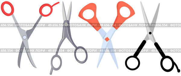 Various shapes scissors set. Tool made of blades and plastic handles. Equipment for creativity, cutting materials. Iron scissors with colorful handles isolated on white. Sharp cutting tool, clippers. Various shapes scissors set. Tool made of blades and plastic handles. Equipment for creativity. Стоковая иллюстрация, агентство Ingram Publishing / Фотобанк Лори