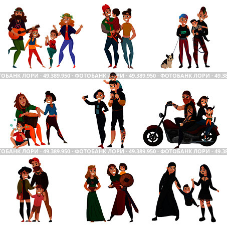 Various subcultures, families of hippie, rastafarians, bikers, punks, metalheads, goths, hipsters cartoon set isolated vector illustration. Subcultures Families Cartoon Set. Стоковая иллюстрация, агентство Ingram Publishing / Фотобанк Лори