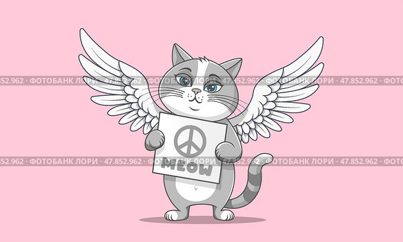 Vector cartoon gray cute sad sorrowful little cat angel with wings and sign, peace symbol, meow. Toon cuddly innocent upset puss. Стоковая иллюстрация, иллюстратор GAlexS / Фотобанк Лори
