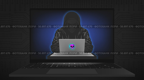 Vector dark 3d mobile computer. Fraudster, scammer with gray laptop, hoodie and human skull mask on screen. Danger, internet data thief. Hacker. Digital technologies. Cyber security. Стоковая иллюстрация, иллюстратор GAlexS / Фотобанк Лори