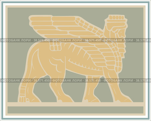 Vector decorative element Winged bull-man from Sumerian mythology in Assyrian style. Стоковая иллюстрация, иллюстратор Елена  Попкова / Фотобанк Лори