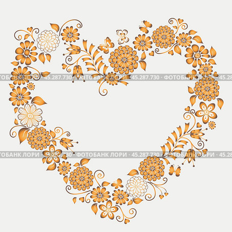 Vector decorative spring golden frame with floral heart isolated. Стоковая иллюстрация, иллюстратор Ольга Дроздова / Фотобанк Лори