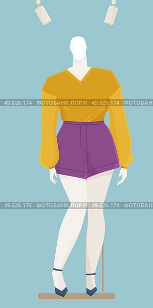 Vector design of a mannequin for women s clothes showcase. Female figure full length fashion clothing store equipment on blue background. Human body replica to show model clothes. Dress shop. Vector design of a mannequin for women s clothes. Female figure fashion clothing store equipment. Стоковая иллюстрация, агентство Ingram Publishing / Фотобанк Лори