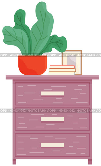 Vector elements of living room with commode, evergreen potted plant, stack of books. Indoor furniture design, modern home interior objects. Contemporary furniture, bedside table with pull-out drawers. Vector elements of living room furniture with commode, evergreen potted plant, stack of books. Стоковая иллюстрация, агентство Ingram Publishing / Фотобанк Лори