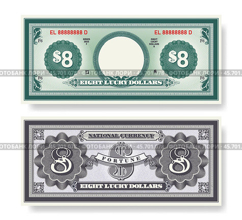 Vector fictional beautiful banknote of 8 lucky dollars. Obverse and reverse of note. Play money with empty circle, guilloche patterns and grid. Blank or sample of certificate. Business and fortune. Eight. Стоковая иллюстрация, иллюстратор GAlexS / Фотобанк Лори