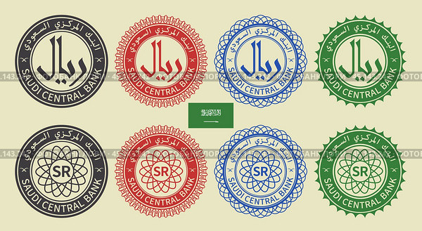 Vector graphic set of financial fictional oriental seals. Collection of round icons with Saudi riyal symbol and outline pattern. Arabic inscription means Saudi Central Bank. Саудовская Аравия. Стоковая иллюстрация, иллюстратор GAlexS / Фотобанк Лори