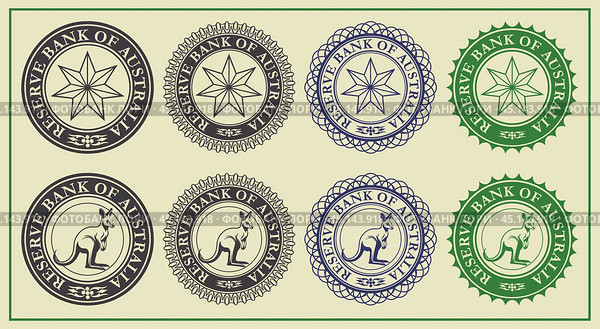 Vector graphic set of financial fictional seals. Collection of round icons with kangaroo and reserve bank of Australia inscription. Emblems or badges. Кенгуру. Стоковая иллюстрация, иллюстратор GAlexS / Фотобанк Лори