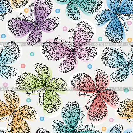 Vector hand drawn seamless pattern with fantasy colorful openwork butterflies on white background. For packaging, wallpaper, textiles. Стоковая иллюстрация, иллюстратор Ольга Дроздова / Фотобанк Лори