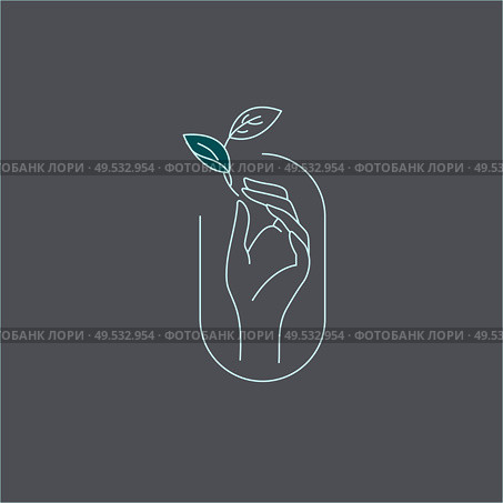 Vector icon and logo with hand for natural cosmetics and care dry skin. Editable outline stroke size. Line flat contour, thin and linear design. Simple icons. Concept illustration. Sign, symbol, element.. Vector icon and logo for natural cosmetics and care dry skin. Стоковая иллюстрация, агентство Ingram Publishing / Фотобанк Лори