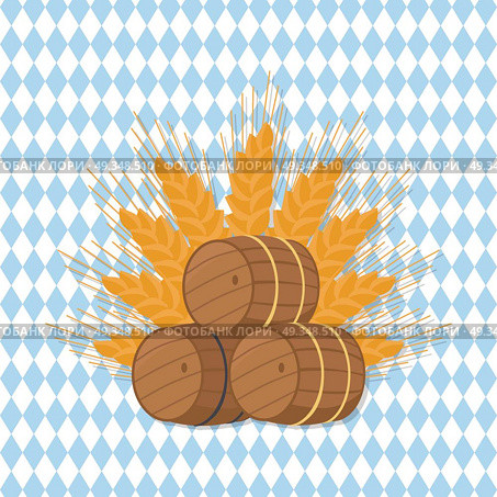 Vector Illustration of Beer Barrels at Octoberfest. Vector illustration representing three beer barrels of different types and ear of wheat on checkered background. Unofficial symbol of october festival. Стоковая иллюстрация, агентство Ingram Publishing / Фотобанк Лори