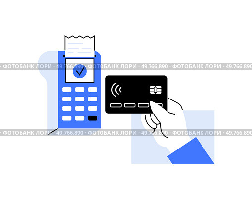 Vector image of a hand holding a credit card near a card reader. Perfect for illustrating digital payments, contactless transactions, fintech, banking technology, and modern payment systems.. Hand holding a credit card near a card reader. Digital payment method, contactless transactions concept. Стоковая иллюстрация, агентство Ingram Publishing / Фотобанк Лори
