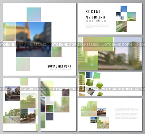 Vector layouts of modern social network mockup in popular formats for cover design, website design, website backgrounds or advertising. Abstract project with clipping mask green squares for your photo.. Vector layouts of modern social network mockup in popular formats for cover design, website design, website backgrounds or advertising. Abstract project with clipping mask green squares for your photo. Стоковая иллюстрация, агентство Ingram Publishing / Фотобанк Лори
