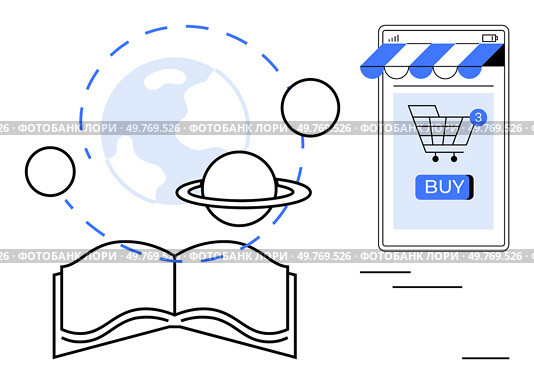 Vector of an open book with planet, a smartphone displaying an online shopping cart with buy button. Ideal for online education, e-commerce, space and planetary science, digital libraries. Online Learning and Astronomy Books and E-Commerce Integration. Стоковая иллюстрация, агентство Ingram Publishing / Фотобанк Лори