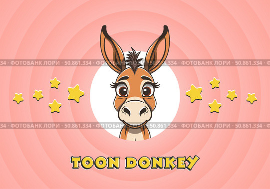 Vector portrait of cute cuddly toon donkey with big eyes, in circles. Cartoon domestic kawaii farm animal. Head of animated good nice burro. Ослик осёл. Стоковая иллюстрация, иллюстратор GAlexS / Фотобанк Лори