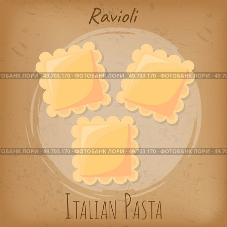 Vector ravioli icon, group of ravioli, illustration for food blog or menu design, Italian cuisine. Traditional Italian dish. Pasta. Classic agnolotti. Tortelli. Square dough products with filling. Vector ravioli icon, group of ravioli, illustration isolated on white background, Italian cuisine. Стоковая иллюстрация, агентство Ingram Publishing / Фотобанк Лори