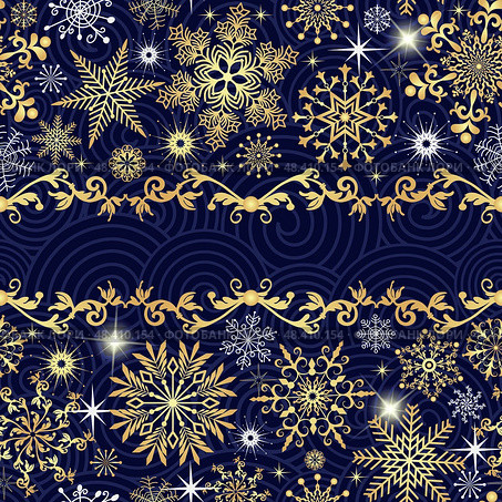 Vector seamless winter dark blue pattern with doodle golden and white snowflakes and spirals and vivid stars. Стоковая иллюстрация, иллюстратор Ольга Дроздова / Фотобанк Лори