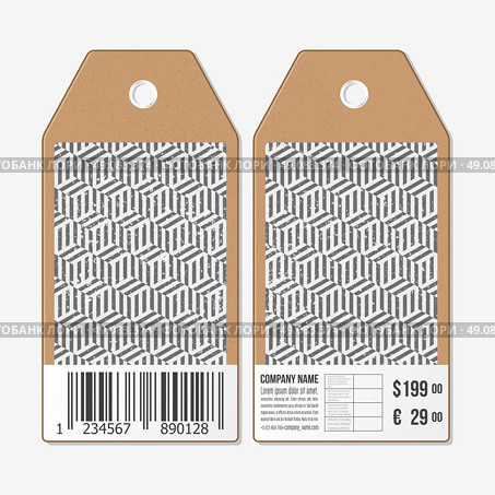 Vector tags design on both sides, cardboard sale labels with barcode. Recurring cubes on background. Geometric pattern. Simple abstract monochrome texture. Стоковая иллюстрация, агентство Ingram Publishing / Фотобанк Лори