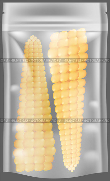 Vegetable plastic food packaging tray wrapped with polyethylene. Transparent plastic bag, package with corn. Evacuated corn in plastic, polyethylene packaging isolated on transparent background. Vegetable in vaccum food packaging tray wrapped with polyethylene. Evacuated corn in plastic. Стоковая иллюстрация, агентство Ingram Publishing / Фотобанк Лори