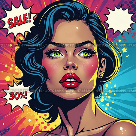 Векторный портрет женщины. Распродажа. Vector portrait of a woman. Sale. Стоковое AI-изображение, AI-художник Гер Олег / Фотобанк Лори