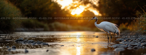 Величественные журавли Японии на фоне нежного заката: фотографии природы, спокойствия и дикой природы. Стоковое AI-изображение, AI-художник ФотоИнтеллект / Фотобанк Лори