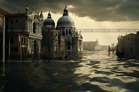 Venice is sinking, dramatic flooding engulfs santa maria della salute basilica. Стоковое AI-изображение, AI-художник Иван Рябоконь / Фотобанк Лори