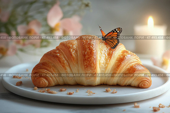 Versa croissant with delicate layers displaying beauty on a marble plate. Мягкий золотистый круассан изящно лежит на мраморной тарелке, его слои плавно раскрываются. Сверху сидит бабочка, придавая очарование безмятежной обстановке, дополненной мягким светом свечей. Стоковое AI-изображение, AI-художник Katsiaryna Repich / Фотобанк Лори