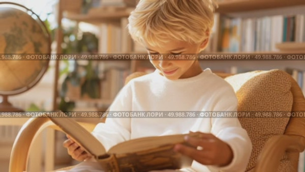 Веселый мальчик в белом джемпере читает толстую книгу, сидя в уютном кресле. Уютная домашняя обстановка. Стоковое AI-видео, аниматор Щеголева Ольга / Фотобанк Лори