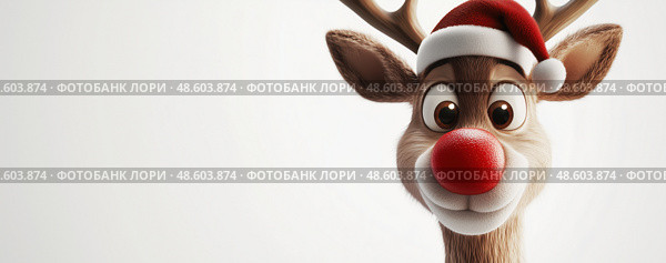 Весёлый рождественский олень в шапке Санты. Стоковое AI-изображение, AI-художник Александр Жуков / Фотобанк Лори
