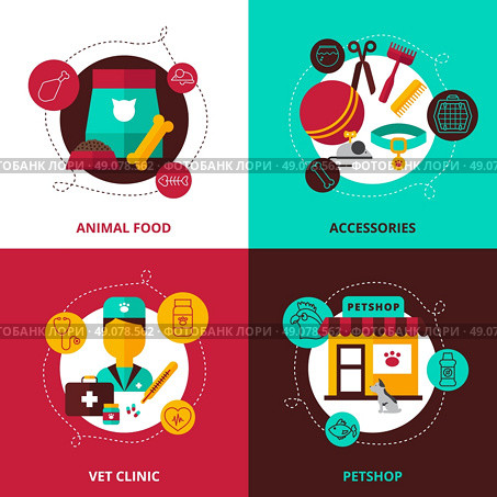 Veterinary 2x2 Design Concept. Veterinary 2x2 design concept set of  feed and accessories for animals vet clinic and pet shop compositions flat vector illustration . Стоковая иллюстрация, агентство Ingram Publishing / Фотобанк Лори