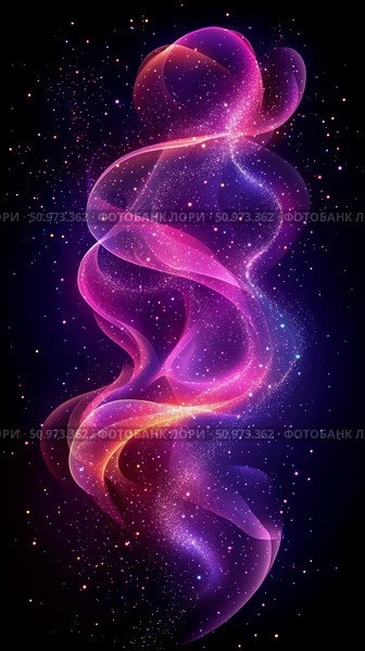 Vibrant abstract cosmic energy flow with shimmering magenta, purple, and orange light waves against a dark starry background. Стоковое AI-изображение, AI-художник Данила Большаков / Фотобанк Лори