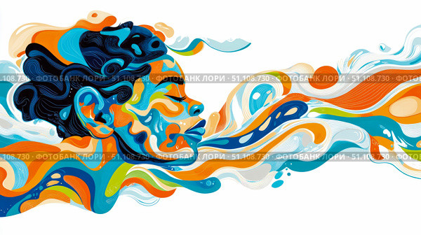 Vibrant artistic portrait of serene face exhaling cascade of abstract colorful waves and flowing lines, symbolizing expressive freedom and dynamic energy. Стоковое AI-изображение, AI-художник Данила Большаков / Фотобанк Лори
