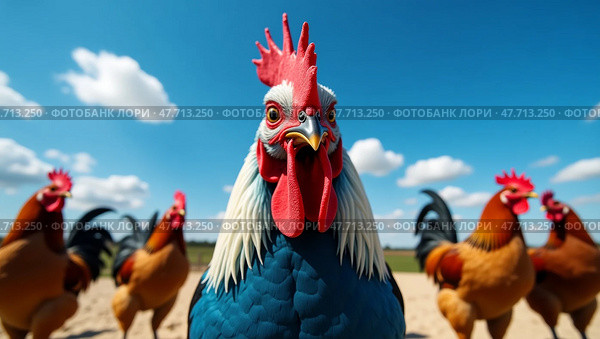 Vibrant blue rooster in a rural farm setting. Стоковое AI-изображение, AI-художник Андрей Бакусов / Фотобанк Лори