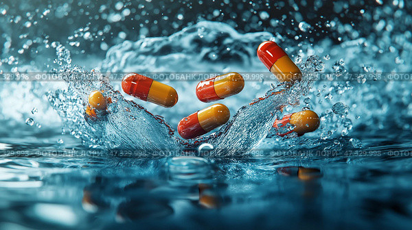 Vibrant capsules splash into water creating dynamic ripples and bubbles. Яркие капсулы разлетаются в воде, создавая динамичную рябь и пузырьки. Стоковое AI-изображение, AI-художник Katsiaryna Repich / Фотобанк Лори