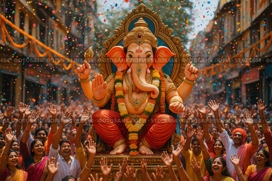 Vibrant Celebration of Cultural Heritage with Enthusiastic Devotees Gathering Around a Grand Ganesh Idol During Festivities Filled with Joy and Colorful Decorations. Стоковое AI-изображение, AI-художник Башкирова Анна / Фотобанк Лори