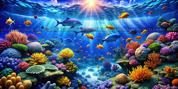Vibrant Coral Reef Underneath a Sunny Ocean Surface. Generative AI. Стоковое AI-изображение, AI-художник Roman Zavorotny / Фотобанк Лори
