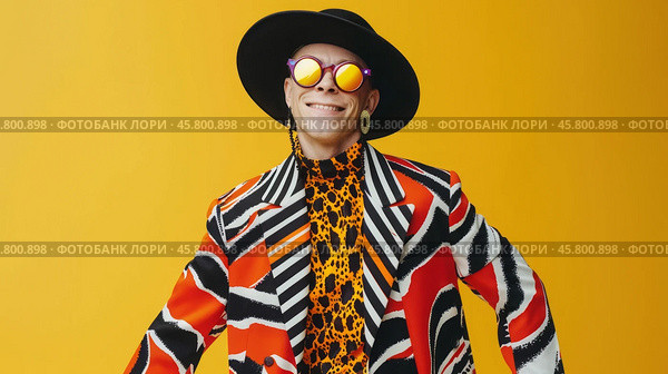 Vibrant fashion trendsetter in bold patterned outfit and reflective sunglasses. Стоковое AI-изображение, AI-художник Zakharova Natasha / Фотобанк Лори