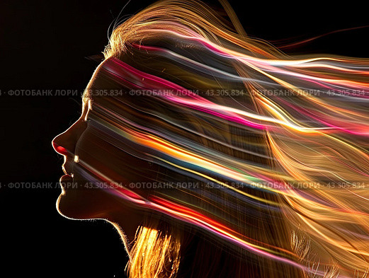 Vibrant Flowing Energy Lines Mapping Woman's Facial Contours - Symbolizing Rejuvenating Facial Massage Concept. Стоковое AI-изображение, AI-художник Ярославский Максим / Фотобанк Лори