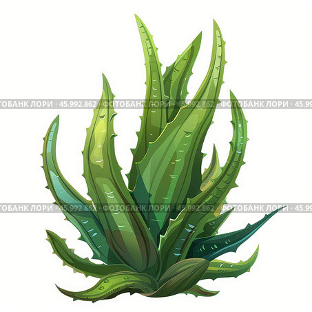 Vibrant green aloe vera plant with spiky leaves on white background. Стоковое AI-изображение, AI-художник Иван Рябоконь / Фотобанк Лори